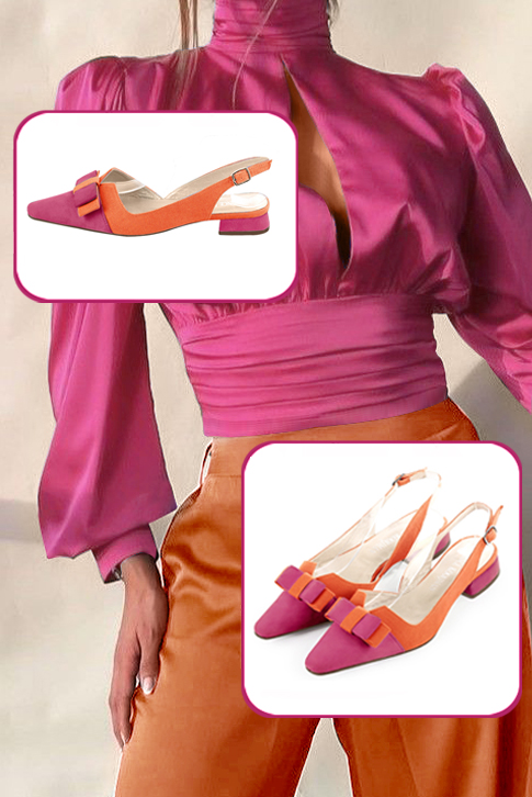 Women's fuchsia pink and clementine orange elegant slingback heels, with a bow on the front. Tapered toe. Flat block heels - Top view